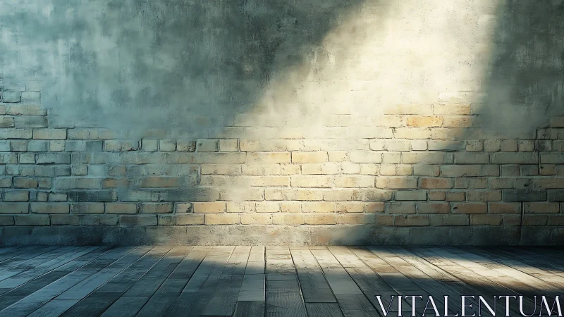 Sunlit brick wall and wooden floor in quiet urban hush.