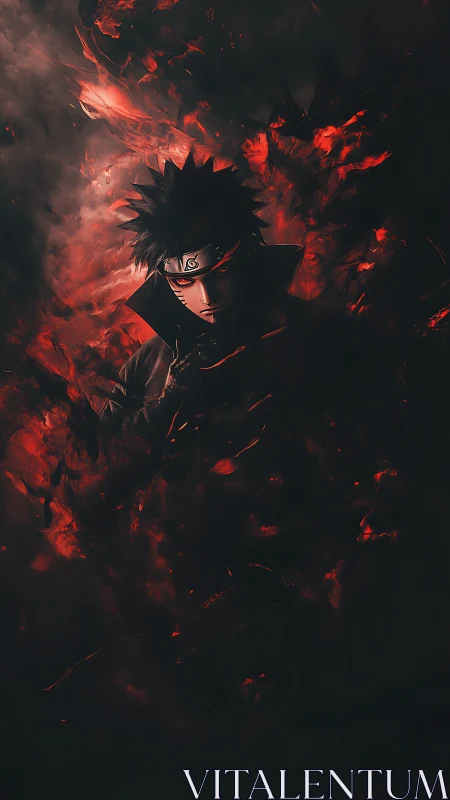 Embers curl around the cloaked shinobi in searing silence