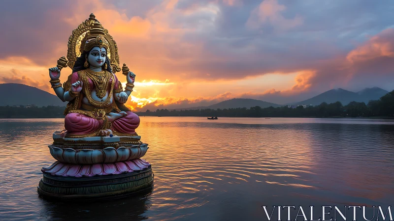 Goddess statue floats in sunset-lit lake like a serene beacon