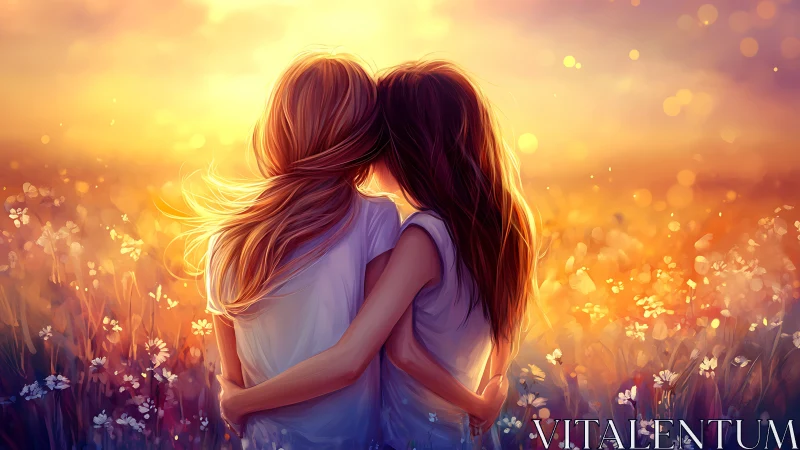 Two figures embracing in luminescent wildflower field at golden hour.