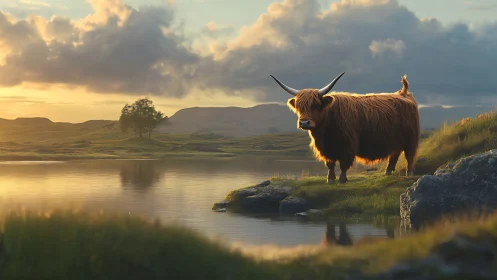 Highland cow at golden lakeside under dramatic clouds.