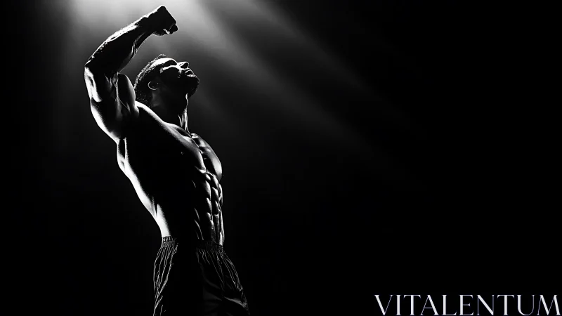 Muscular athlete flexes in dramatic high contrast light.