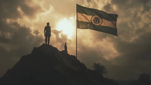 Patriotic silhouettes beneath Indian flag at sunset.