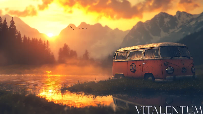 Sunset-lit vintage camper van beside reflective alpine lake