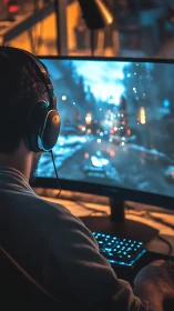 Immersed gamer at curved monitor in warm studio light.