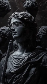 Photorealistic blindfolded marble Justice bust in chiaroscuro composition.