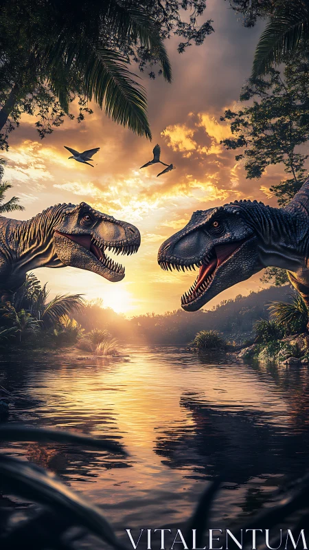 Sunset river standoff with two roaring jungle dinosaurs.