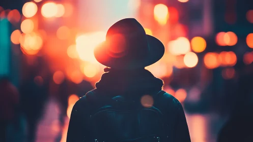 Silhouetted wanderer walks through neon soaked city night