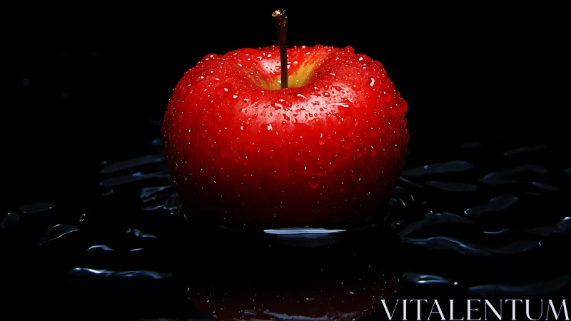 High-contrast macro of wet red apple floating on dark water