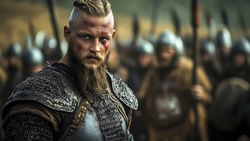 Brooding Viking warlord glares ahead before brutal battle