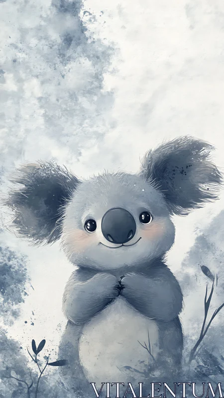 Whimsical koala character in soft watercolor illustration.