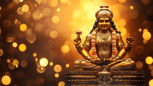 Golden Hindu deity statue with garland on glowing backdrop.