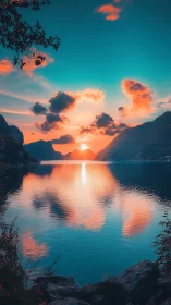 Golden sunset settles gently over tranquil turquoise lake