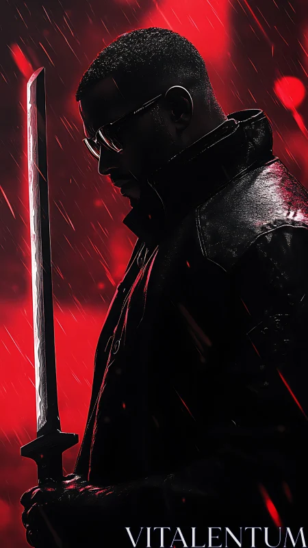 Sword warrior silhouette under red rain, neon backlit.