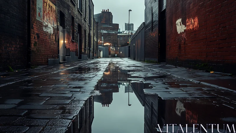 Rain-soaked urban alley with reflective puddles at dusk.