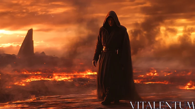 Hooded figure in volcanic wasteland under high-contrast ember sky