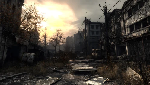 Deserted post apocalyptic city street under burning sunset