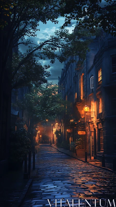 Moonlit cobblestone lane whispers under amber lamplight.