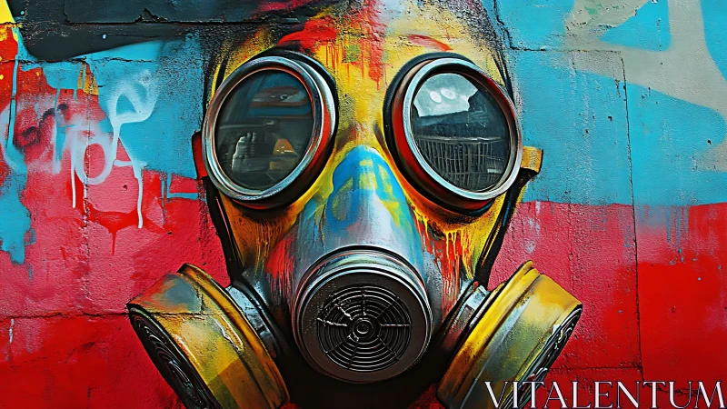 Graffiti gas mask mural bursts with bold neon color contrasts.
