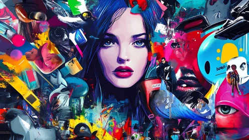 Vibrant neo-pop portrait with fragmented urban iconography.