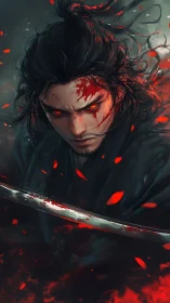 Bloodstained swordsman with glowing eyes rendered in dynamic digital art