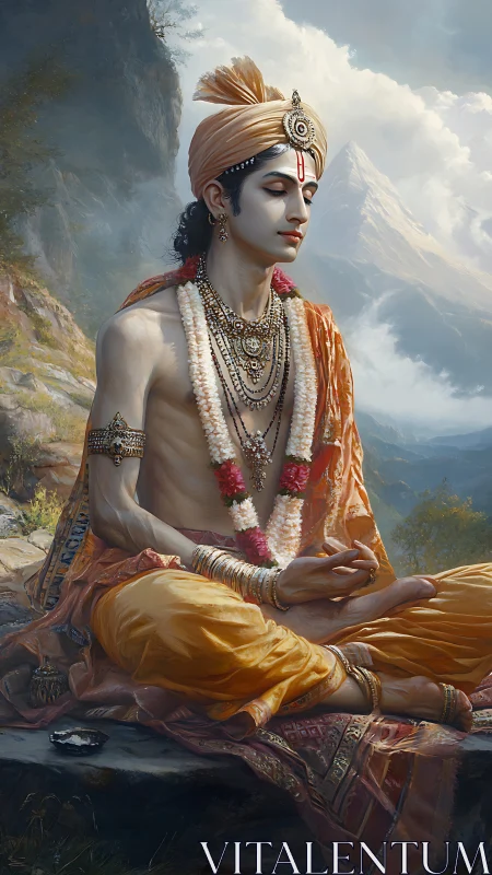 Digital painting of meditative deity in ornate mountain setting.