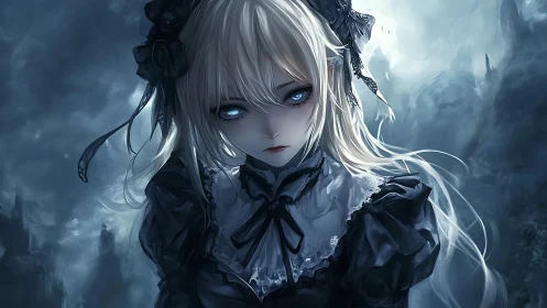 Gothic blonde girl with glowing eyes in stormy anime dusk.