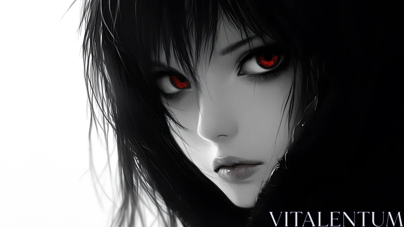Crimson‑eyed midnight watcher wrapped in monochrome hush.