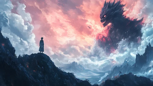 Lone warrior confronts colossal fiery beast above clouds