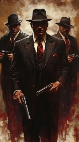 Triadic mafia gunmen advance in chiaroscuro noir composition