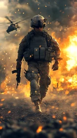 Armed soldier walking through burning battlefield terrain.