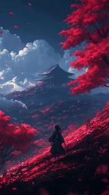 Samurai ascends crimson hillside toward distant temple clouds