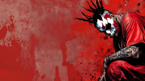 Red background with crouched figure in clown makeup.