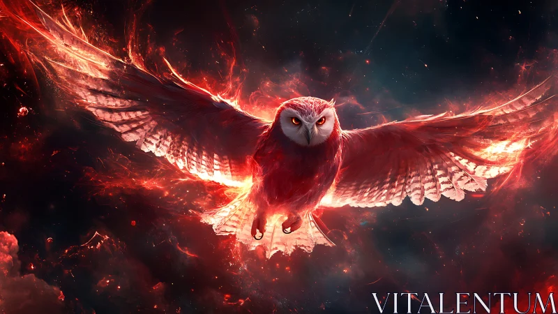 Majestic Fiery Owl in Flight with Glowing Red Wings, Digital Art.