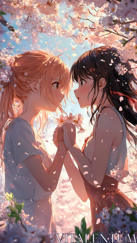 Anime spring portrait of two girls under blooming sakura canopy.