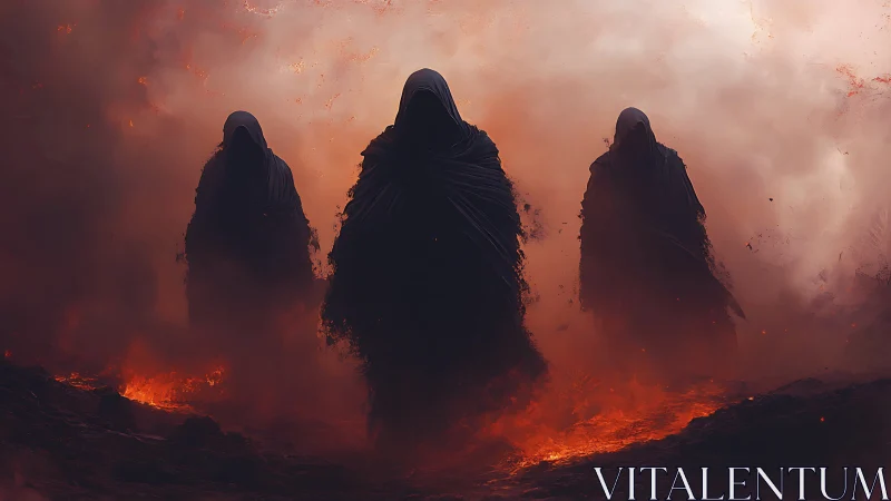 Hooded dark figures walking through fire and smoke.