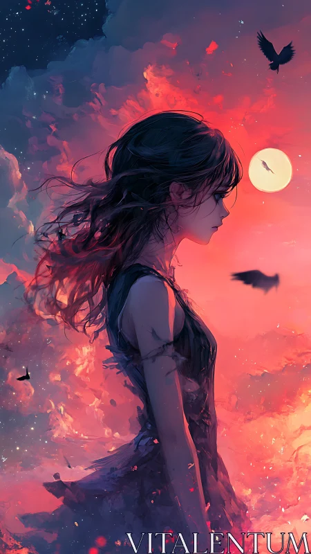 Solitary girl stands beneath a burning crimson twilight sky.