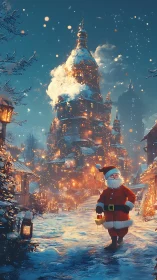 Snowy village glows as Santa strolls past a magical tower