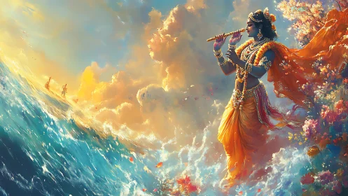 Divine flutist beside luminous sea and blazing horizon.