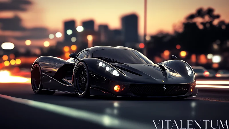 Black sports car moves on urban road at dusk