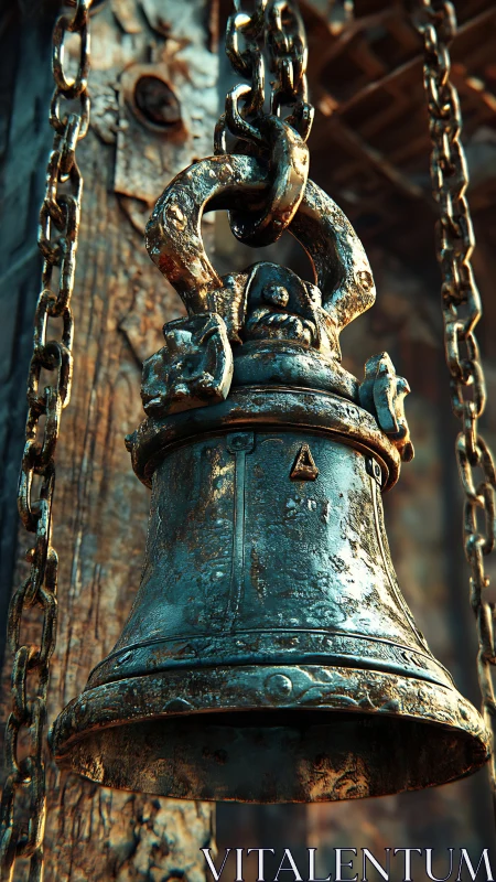 Corroded bronze bell rendered in high-detail cinematic 3D closeup