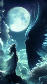 Moonlit angelic warrior confronts colossal ethereal wings.