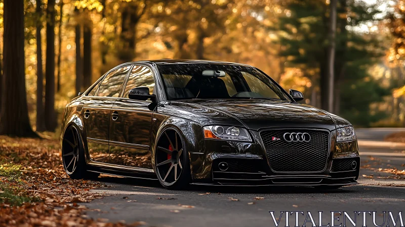 Shadow-slick Audi sedan prowling through molten autumn light.