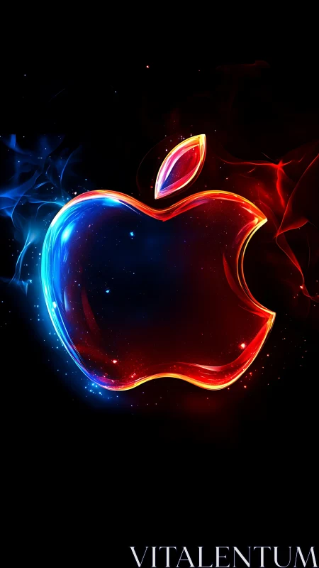 Luminous red blue apple emblem over deep black void.