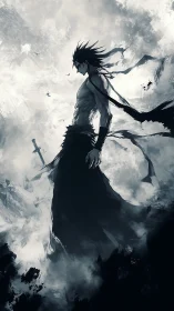 Storm-swept warrior pausing on the edge of a swirling sky.