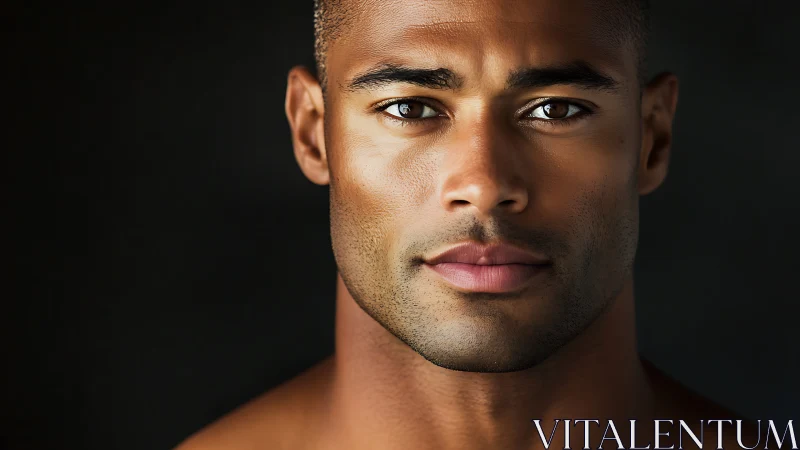 Direct gaze portrait of confident man against dark void.