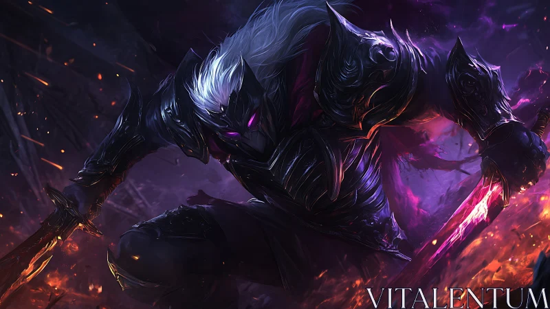 Armored shadow warrior with glowing blades in combat stance.