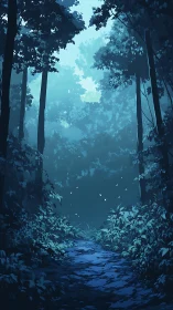 Cyan Sanctuary: Where Towering Trees Guard Luminous Paths.