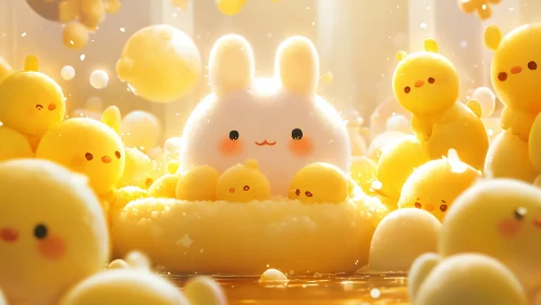 Fluffy white bunny cuddles glowing yellow chicks in light
