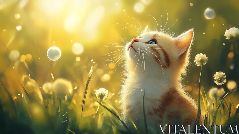 Orange Tabby Kitten Gazes Upward Among Dandelions.